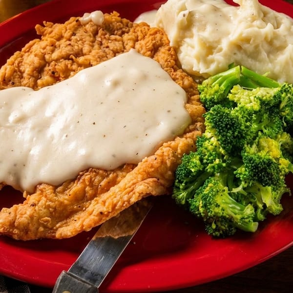 Chicken fried steak with gravy, mashed potatoes, and broccoli on a red plate.