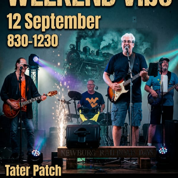 Concert poster featuring a four-member band performing under colorful stage lights, with Weekend Vibe event details and a steam locomotive backdrop.
