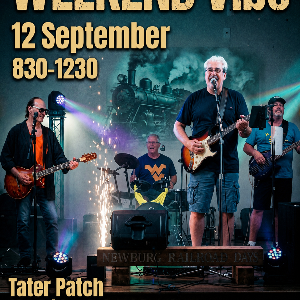 Concert poster featuring a four-member band performing under colorful stage lights, with Weekend Vibe event details and a steam locomotive backdrop.