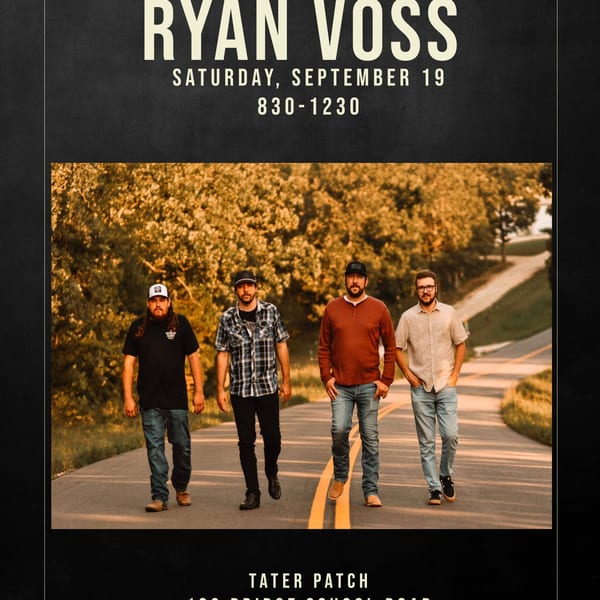 Event poster featuring four men walking on a tree-lined road, announcing Ryan Voss at Tater Patch in Rolla, Missouri.