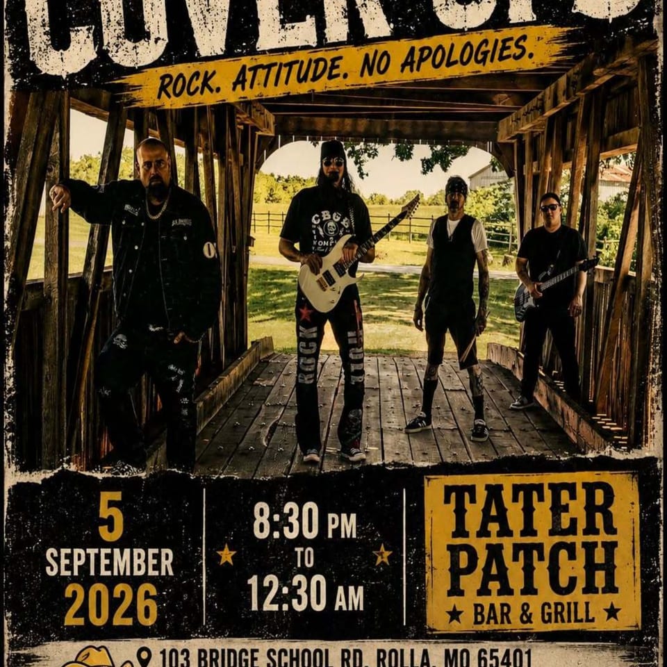 Concert poster for a live rock band at The Killer Patch Bar & Grill, featuring musicians, event details, and venue information.