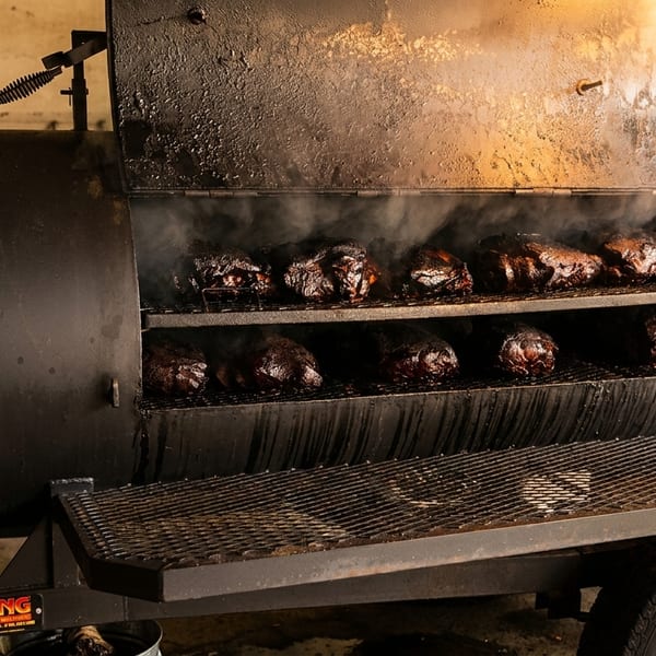 Smoked meats cooking inside a large, black, industrial smoker with visible smoke and glowing light.