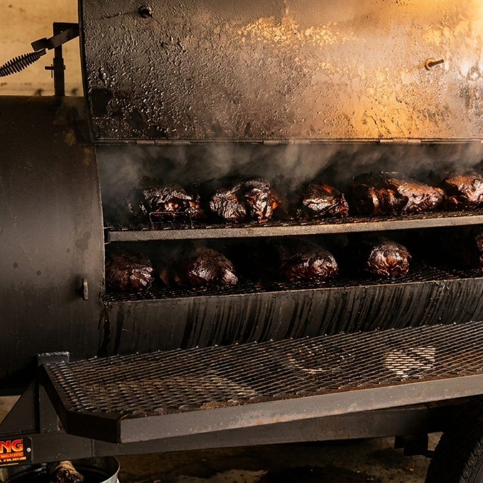 Smoked meats cooking inside a large, black, industrial smoker with visible smoke and glowing light.