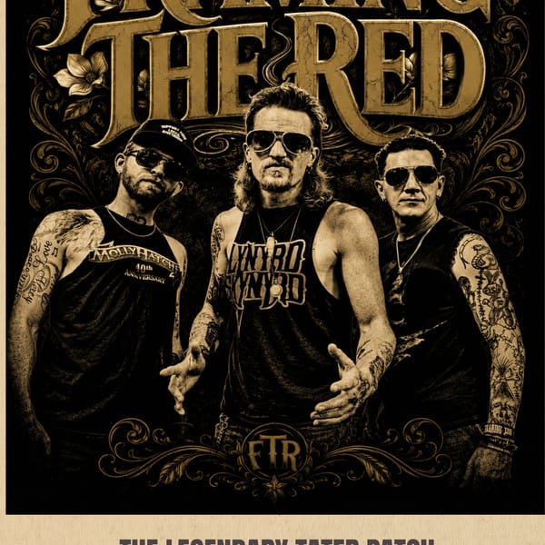 Vintage sepia poster featuring three tattooed men beneath ornate “Farming the Dirt” lettering, advertising The Legendary Tater Patch in Rolla, Missouri.