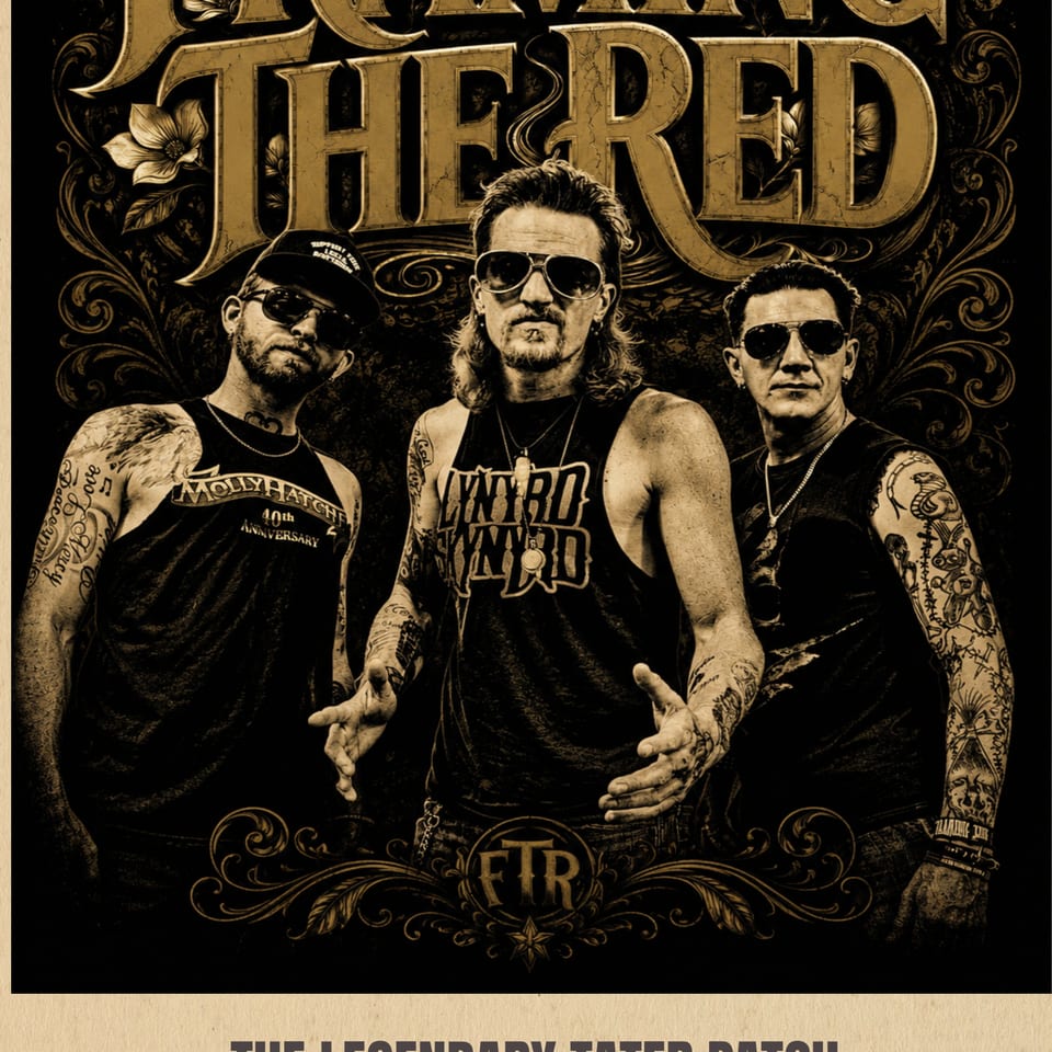 Vintage sepia poster featuring three tattooed men beneath ornate “Farming the Dirt” lettering, advertising The Legendary Tater Patch in Rolla, Missouri.
