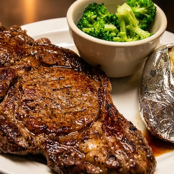 Two juicy steaks, a baked potato with butter, and a side of broccoli on a white plate.