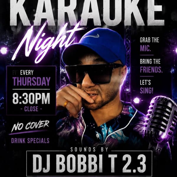 Promotional poster for Tater Patch karaoke night featuring a singer, microphone, Thursday hours, drink specials, and DJ Bobbit 2.3 in Rolla, Missouri.