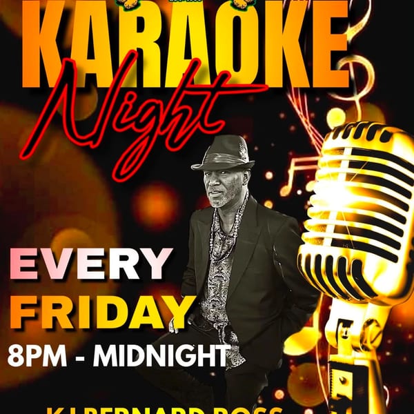Tater Patch Karaoke Night promotional poster featuring singer KJ Bernard Ross, vintage microphone, and Friday entertainment from 8 p.m. to midnight.