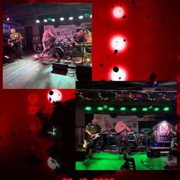 A red and black concert flyer with two images of a band performing on stage.