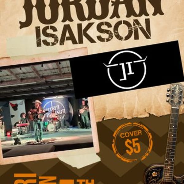 Concert flyer for Jordan Isakson at Tater Patch, featuring a band performing on stage and an acoustic guitar.