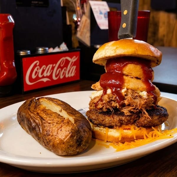 A towering burger with pulled pork, onion rings, and a knife, served with a baked potato.