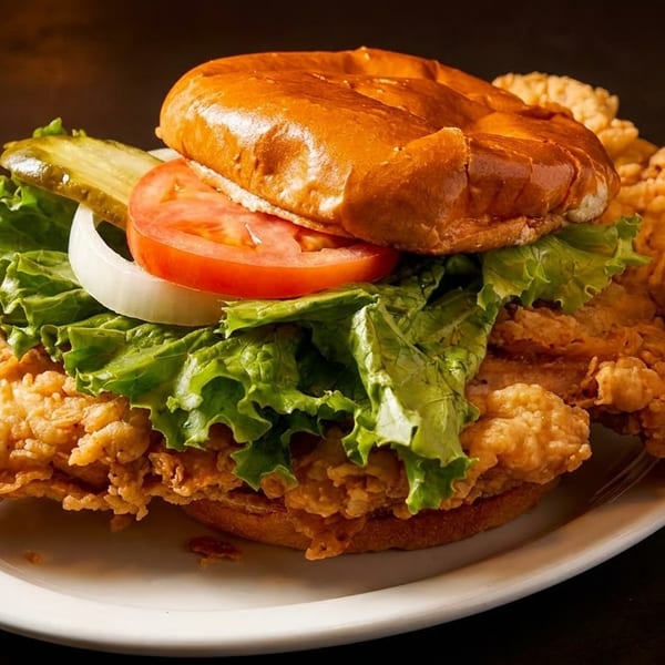 Crispy fried chicken sandwich on a bun with lettuce, tomato, onion, and a pickle spear.